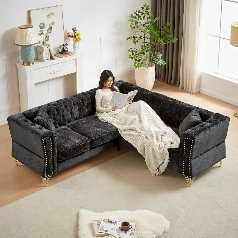 81.5  Chesterfield Chenille L-Shaped Corner Sectional Sofa with Tufted Backrest