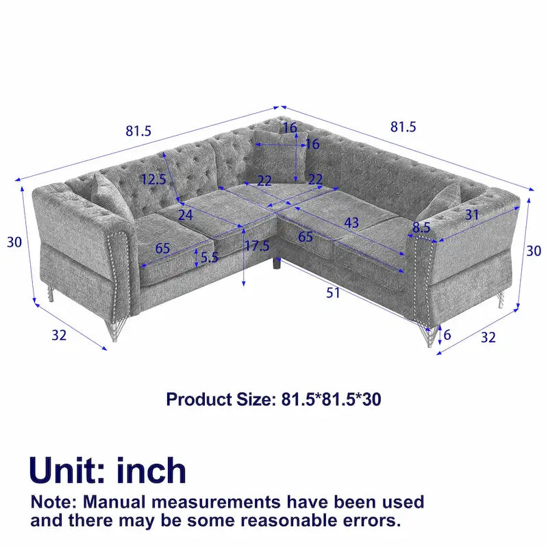81.5  Chesterfield Chenille L-Shaped Corner Sectional Sofa with Tufted Backrest