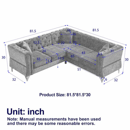 81.5  Chesterfield Chenille L-Shaped Corner Sectional Sofa with Tufted Backrest