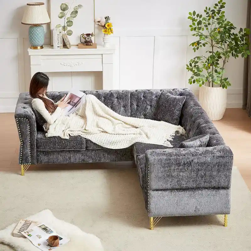 81.5  Chesterfield Chenille L-Shaped Corner Sectional Sofa with Tufted Backrest