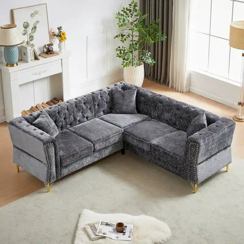 81.5  Chesterfield Chenille L-Shaped Corner Sectional Sofa with Tufted Backrest