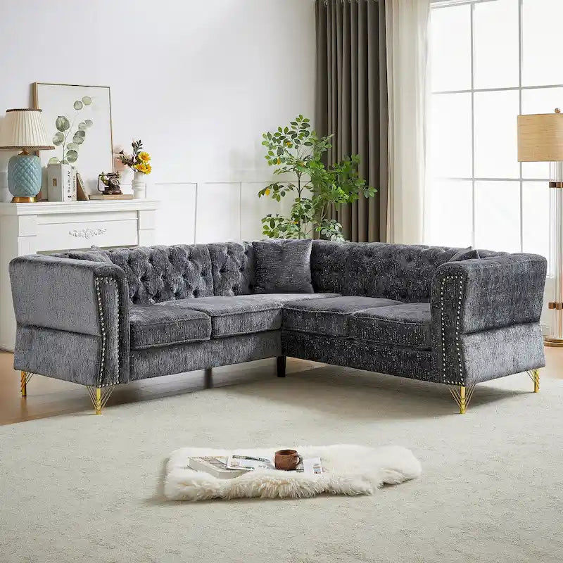 81.5  Chesterfield Chenille L-Shaped Corner Sectional Sofa with Tufted Backrest