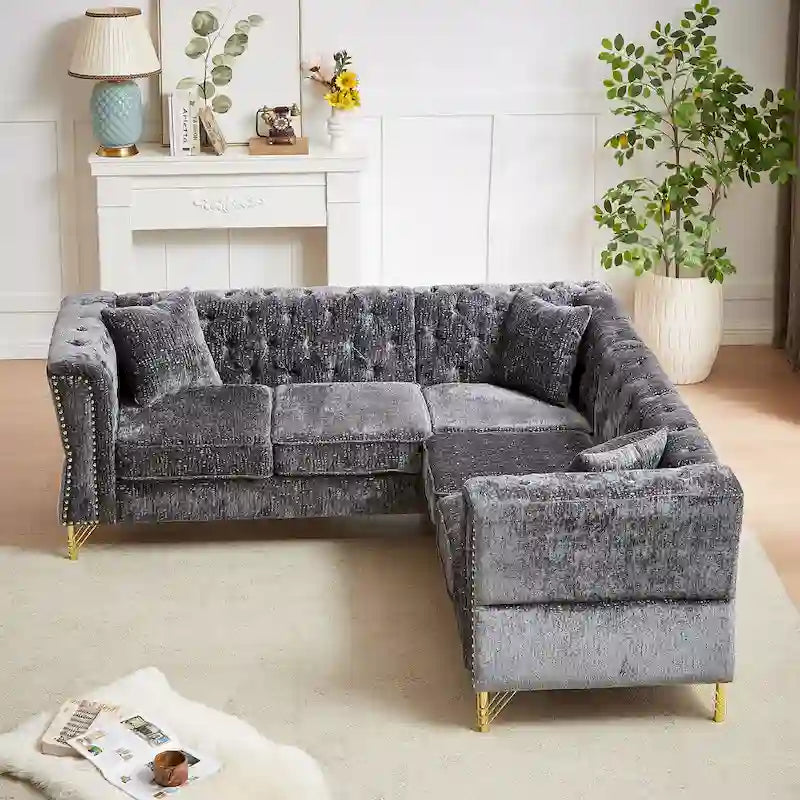 81.5  Chesterfield Chenille L-Shaped Corner Sectional Sofa with Tufted Backrest