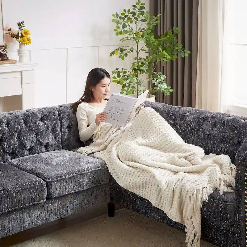 81.5  Chesterfield Chenille L-Shaped Corner Sectional Sofa with Tufted Backrest