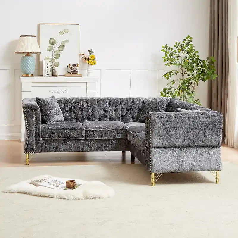 81.5  Chesterfield Chenille L-Shaped Corner Sectional Sofa with Tufted Backrest