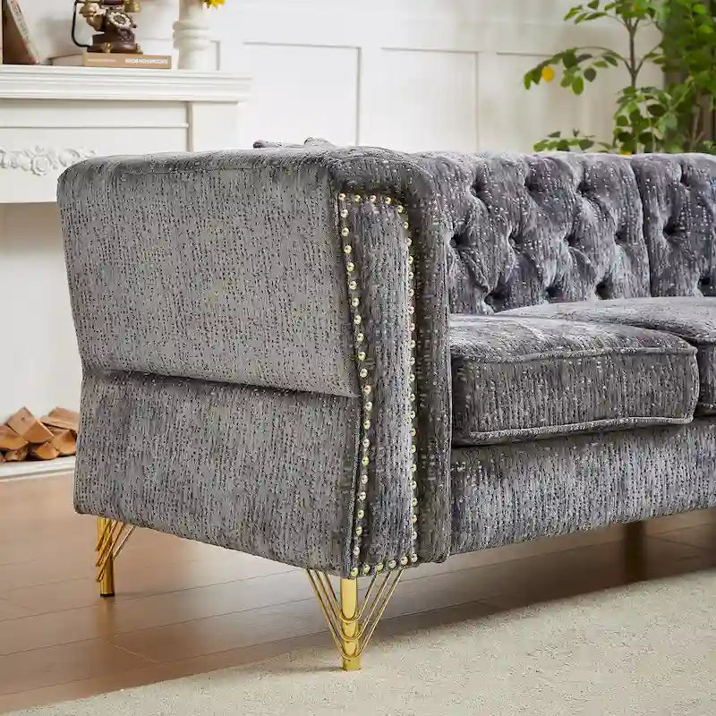 81.5  Chesterfield Chenille L-Shaped Corner Sectional Sofa with Tufted Backrest