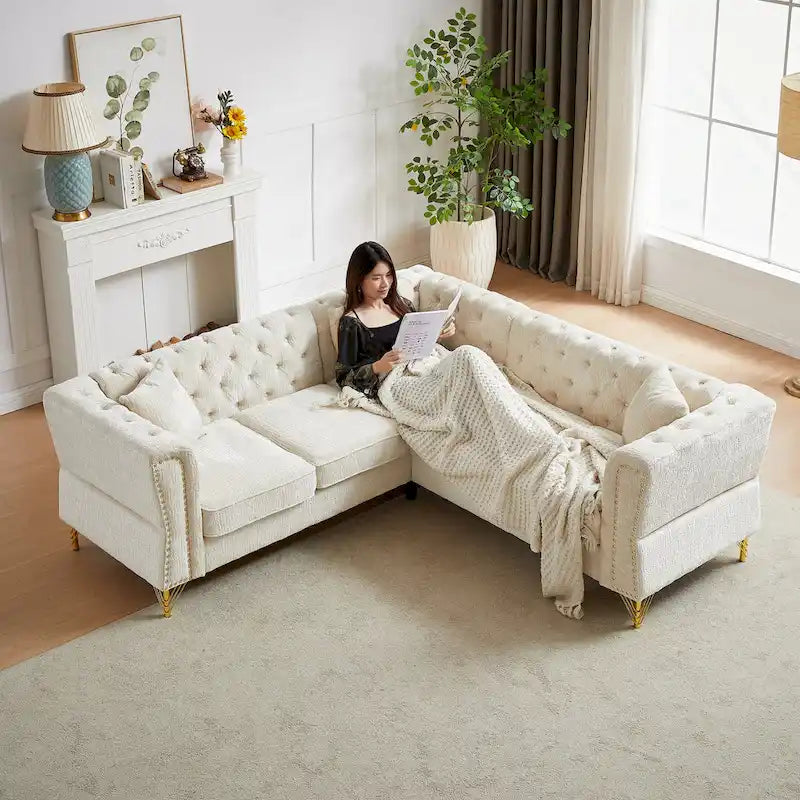 81.5  Chesterfield Chenille L-Shaped Corner Sectional Sofa with Tufted Backrest