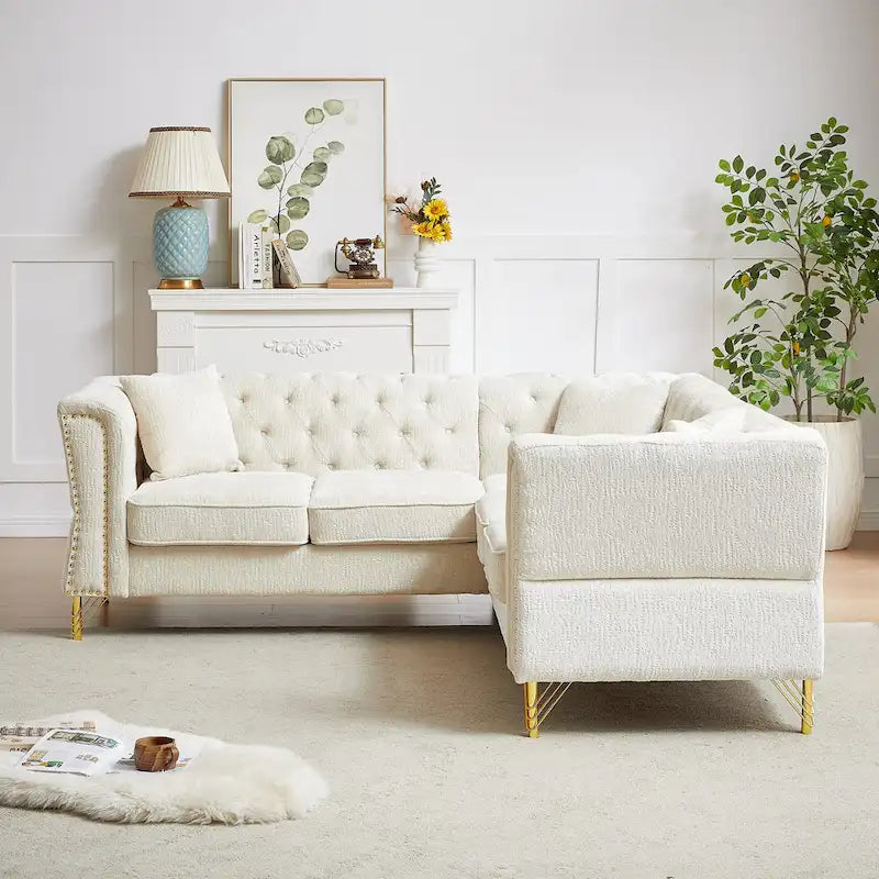 81.5  Chesterfield Chenille L-Shaped Corner Sectional Sofa with Tufted Backrest