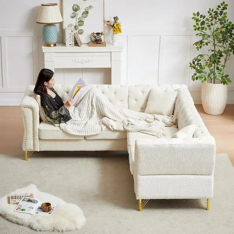 81.5  Chesterfield Chenille L-Shaped Corner Sectional Sofa with Tufted Backrest