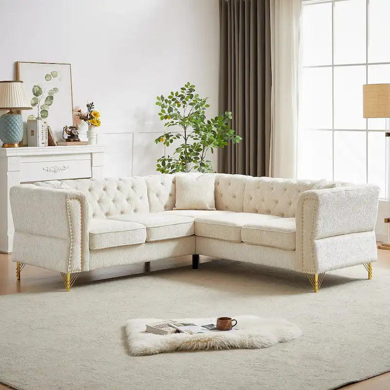 81.5  Chesterfield Chenille L-Shaped Corner Sectional Sofa with Tufted Backrest