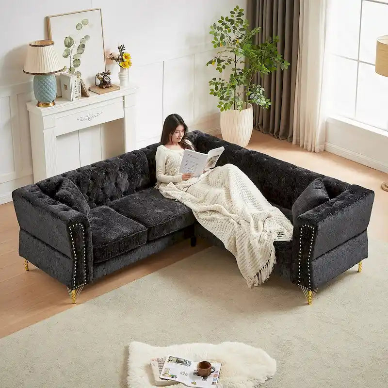 81.5  Chesterfield Chenille L-Shaped Corner Sectional Sofa with Tufted Backrest