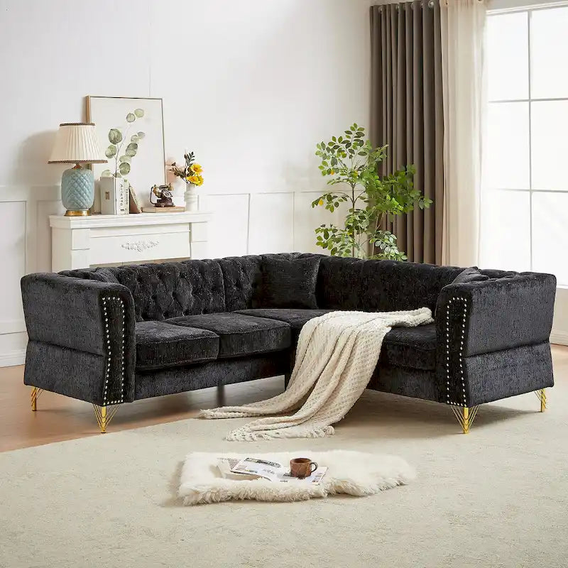 81.5  Chesterfield Chenille L-Shaped Corner Sectional Sofa with Tufted Backrest