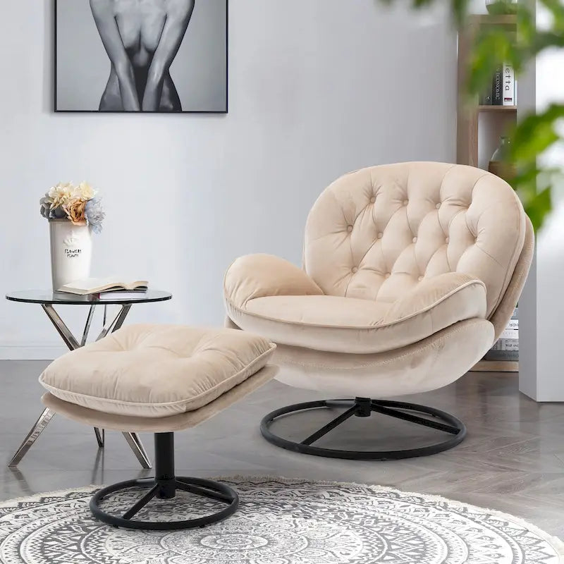 Beige Modern 31.7  Swivel Accent Chair with Ottoman