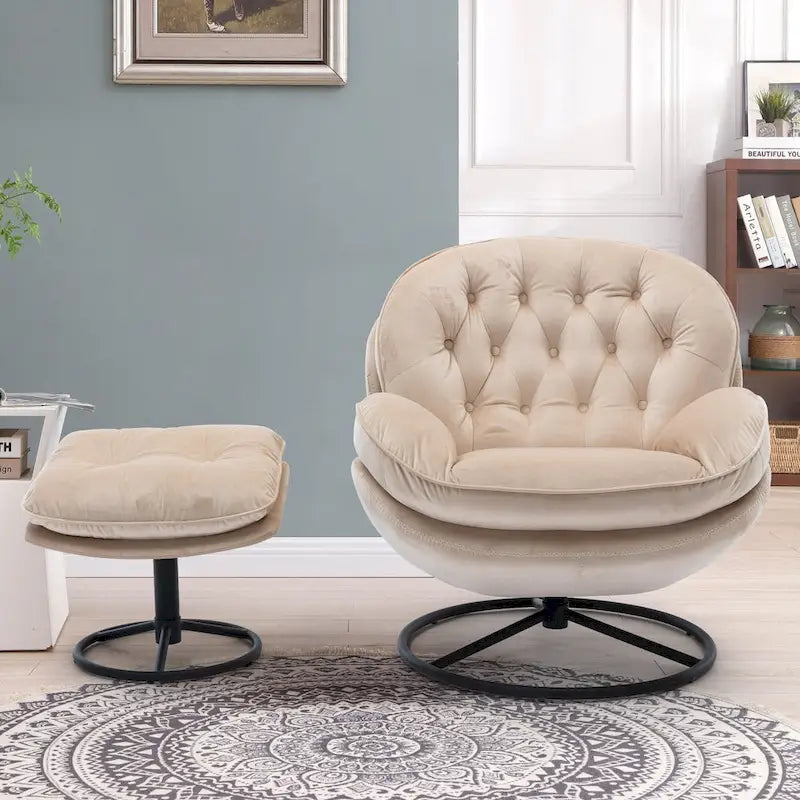 Beige Modern 31.7  Swivel Accent Chair with Ottoman