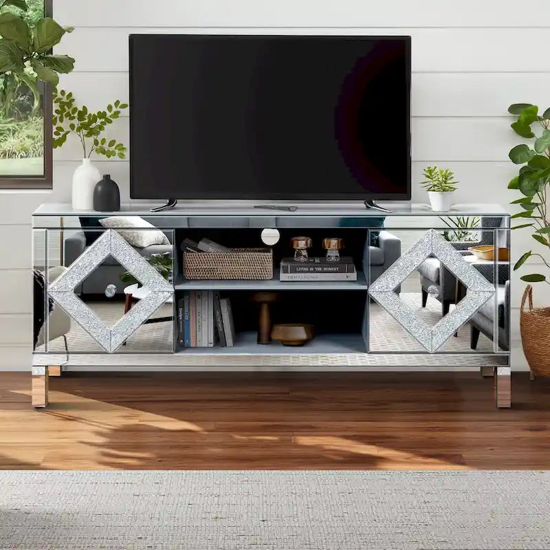 59  TV Stand with Diamond-Shaped Mirror Doors and Storage for TVs Up to 65