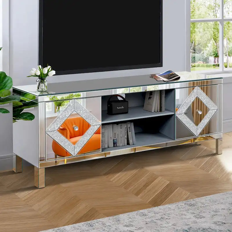 59  TV Stand with Diamond-Shaped Mirror Doors and Storage for TVs Up to 65