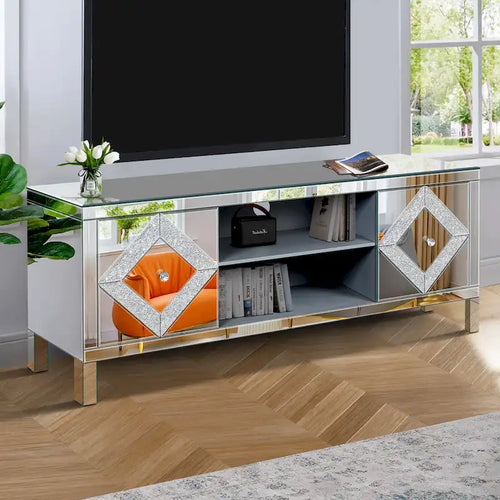 59  TV Stand with Diamond-Shaped Mirror Doors and Storage for TVs Up to 65