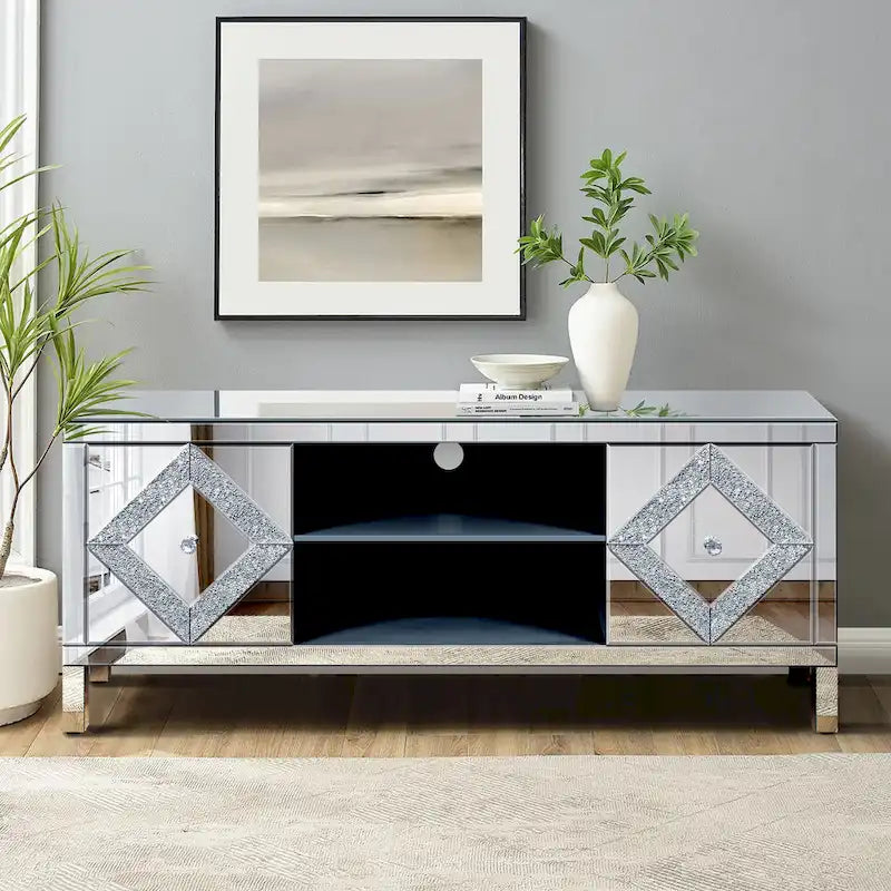 59  TV Stand with Diamond-Shaped Mirror Doors and Storage for TVs Up to 65