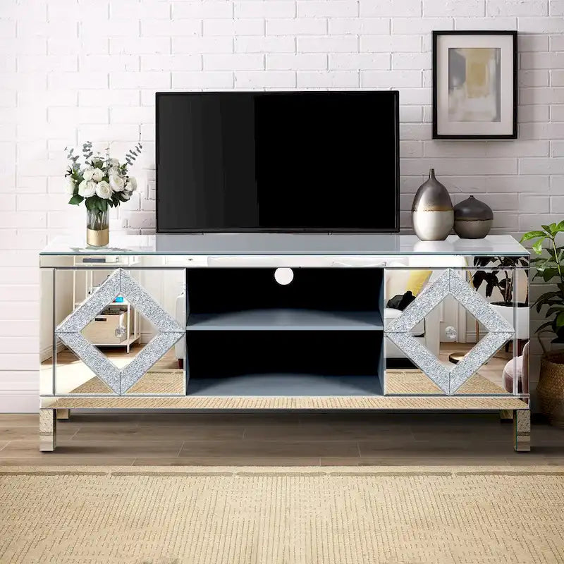 59  TV Stand with Diamond-Shaped Mirror Doors and Storage for TVs Up to 65