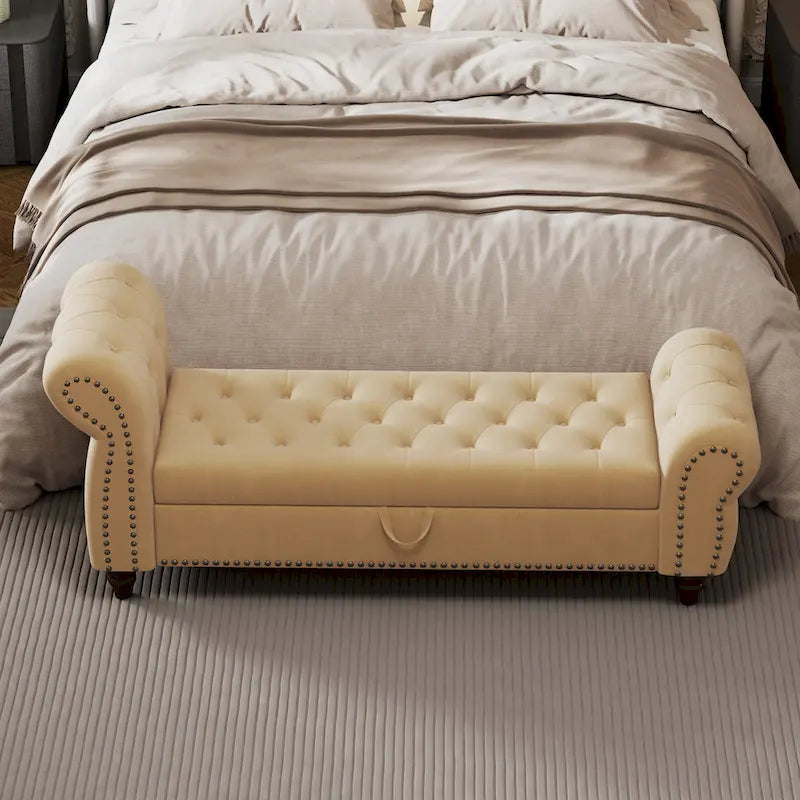 64.5  Bench for Bed Room Nails Tufted Chaise of Lounge with Storage Velvet Upholstery Khaki