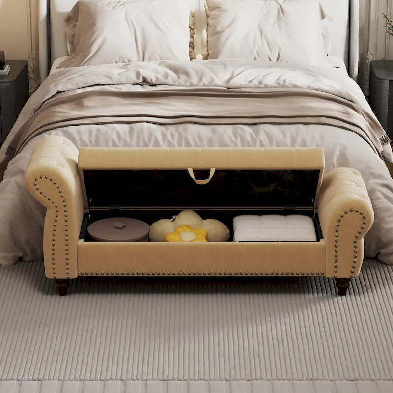 64.5  Bench for Bed Room Nails Tufted Chaise of Lounge with Storage Velvet Upholstery Khaki