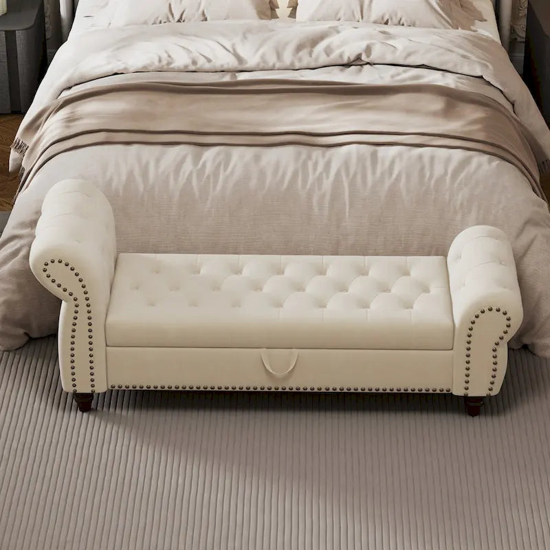 64.5  Bench for Bed Room Nails Tufted Chaise of Lounge with Storage Velvet Upholstery Khaki