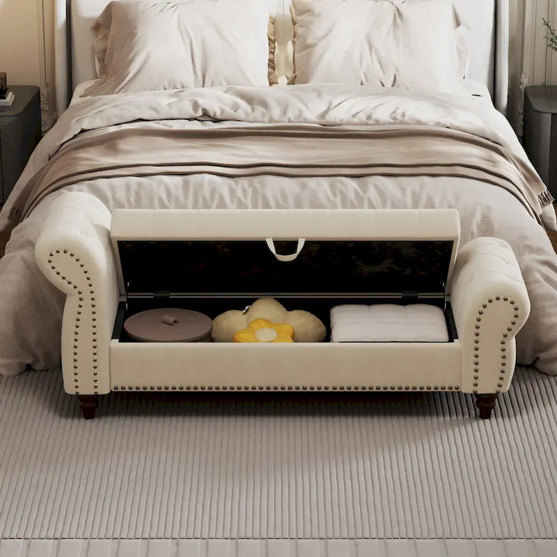 64.5  Bench for Bed Room Nails Tufted Chaise of Lounge with Storage Velvet Upholstery Khaki