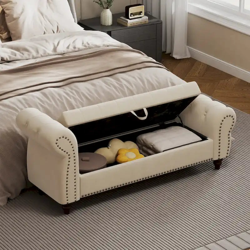 64.5  Bench for Bed Room Nails Tufted Chaise of Lounge with Storage Velvet Upholstery Khaki