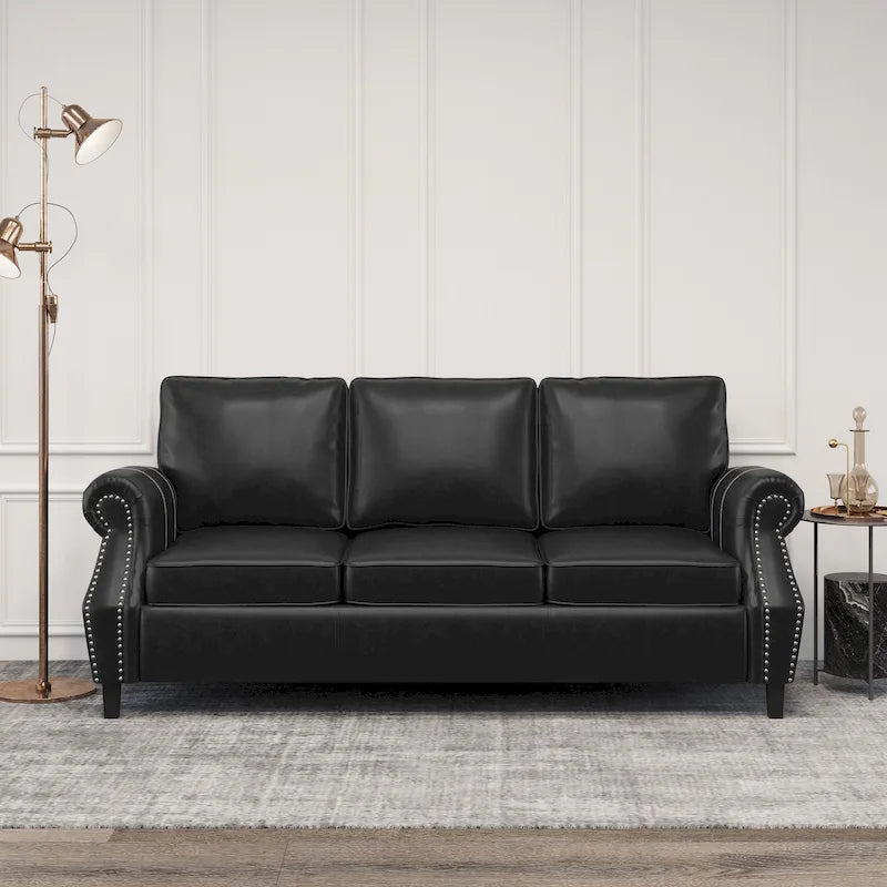 80  Modern Faux Leather 3-Seater Sofa with Birch Legs and Nailheads