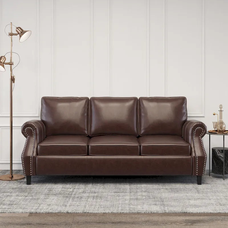 80  Modern Faux Leather 3-Seater Sofa with Birch Legs and Nailheads