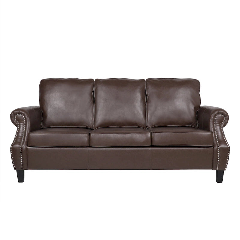 80  Modern Faux Leather 3-Seater Sofa with Birch Legs and Nailheads