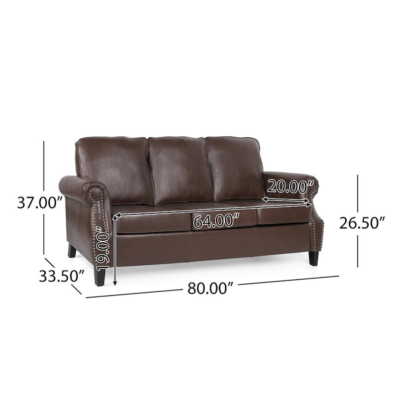 80  Modern Faux Leather 3-Seater Sofa with Birch Legs and Nailheads