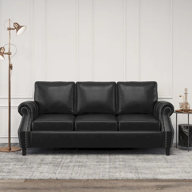 80  Modern Faux Leather 3-Seater Sofa with Birch Legs and Nailheads
