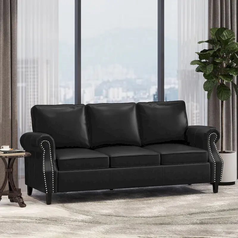 80  Modern Faux Leather 3-Seater Sofa with Birch Legs and Nailheads