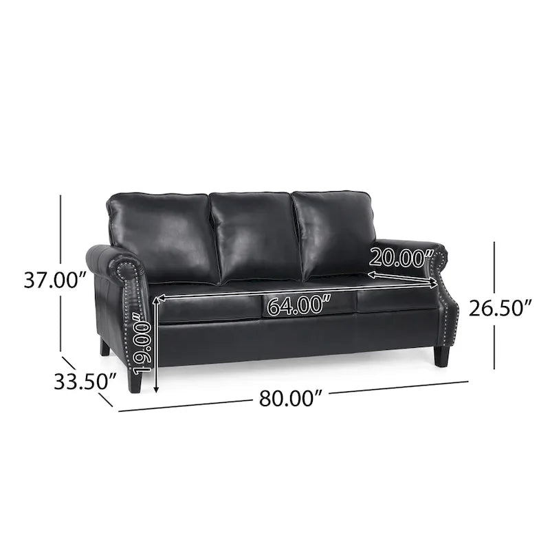 80  Modern Faux Leather 3-Seater Sofa with Birch Legs and Nailheads