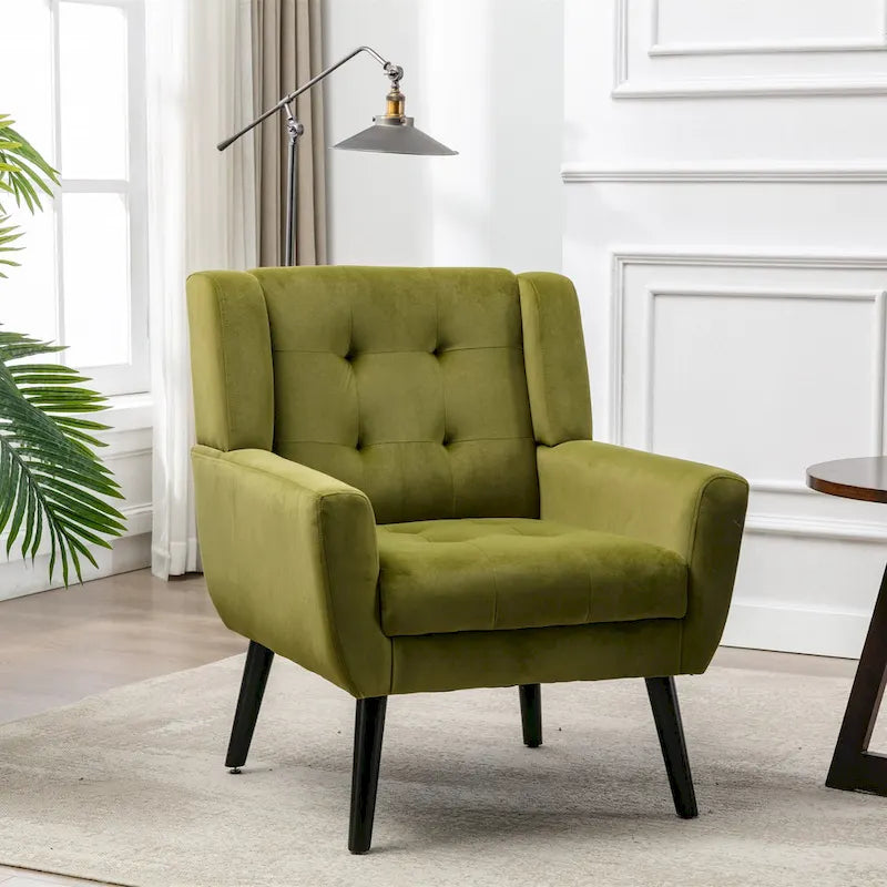Green Velvet 29.53  Upholstered Tufted Accent Chair with Solid Black Wood Legs