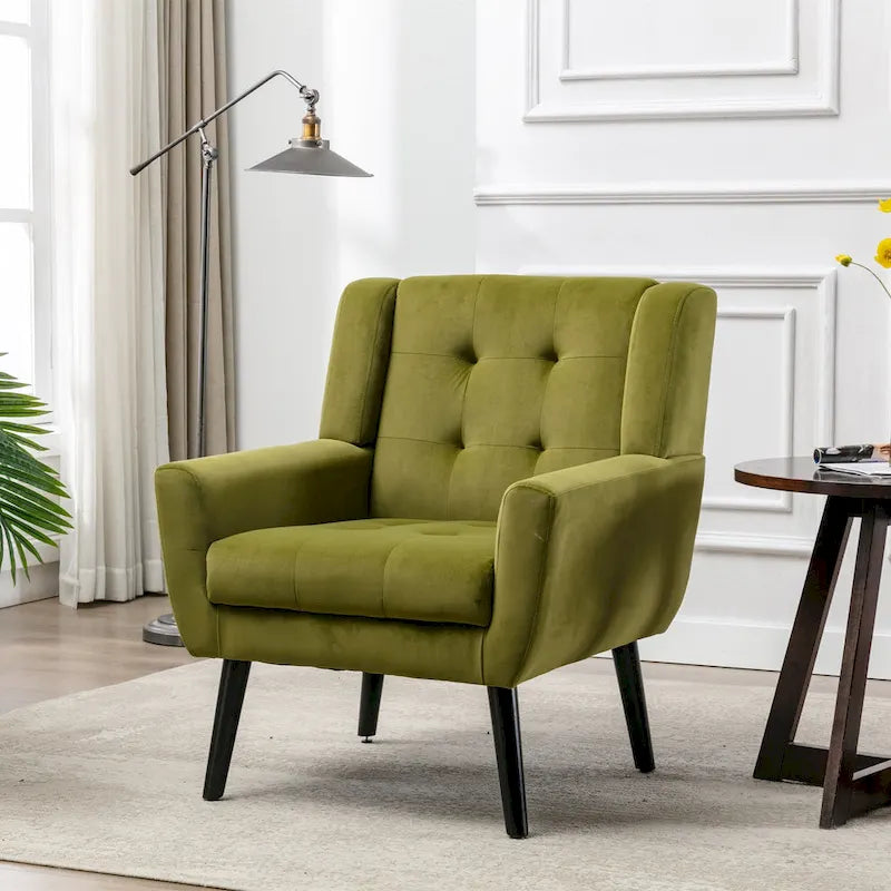 Green Velvet 29.53  Upholstered Tufted Accent Chair with Solid Black Wood Legs