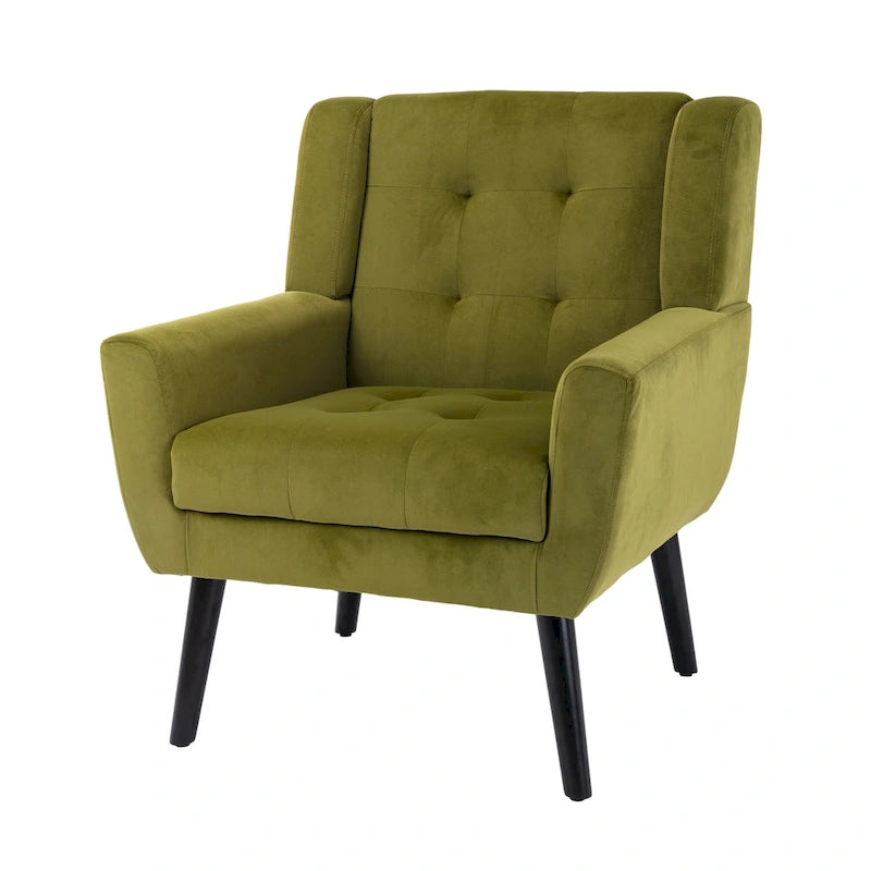 Green Velvet 29.53  Upholstered Tufted Accent Chair with Solid Black Wood Legs