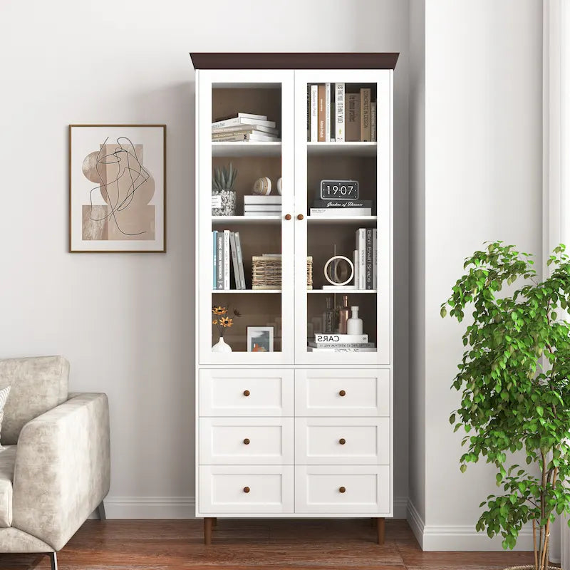 White MDF Display Storage Cabinet,Tall Kitchen Pantry Cabinets with Glass Doors and Adjustable Shelves