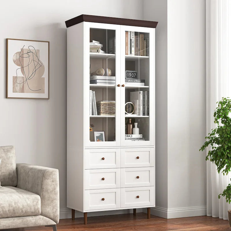 White MDF Display Storage Cabinet,Tall Kitchen Pantry Cabinets with Glass Doors and Adjustable Shelves