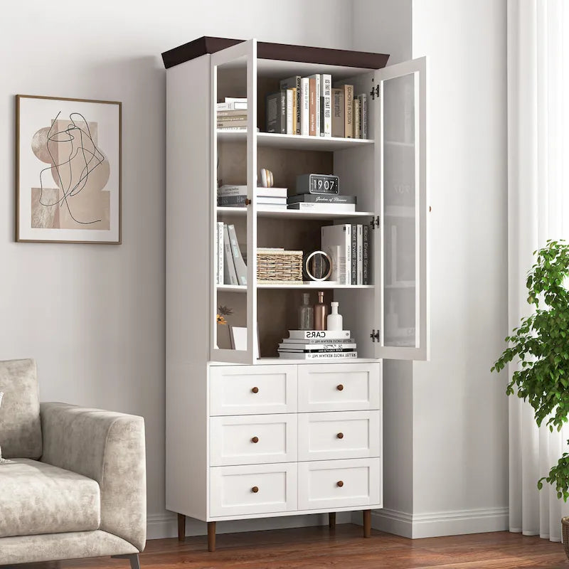 White MDF Display Storage Cabinet,Tall Kitchen Pantry Cabinets with Glass Doors and Adjustable Shelves