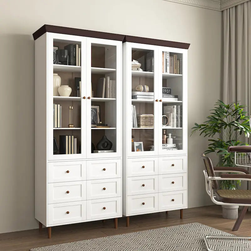 White MDF Display Storage Cabinet,Tall Kitchen Pantry Cabinets with Glass Doors and Adjustable Shelves