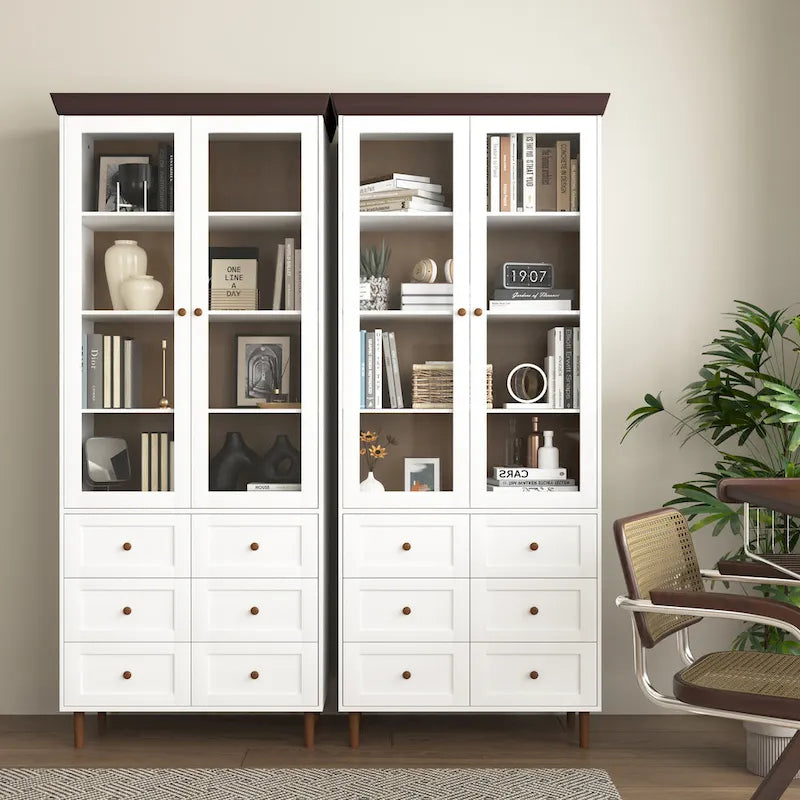 White MDF Display Storage Cabinet,Tall Kitchen Pantry Cabinets with Glass Doors and Adjustable Shelves