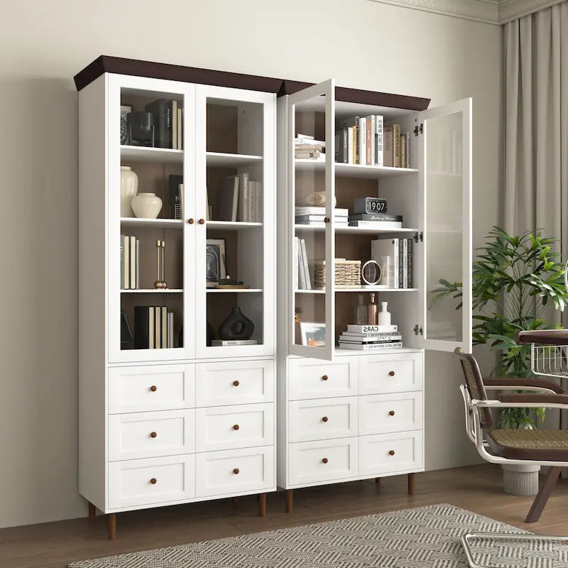 White MDF Display Storage Cabinet,Tall Kitchen Pantry Cabinets with Glass Doors and Adjustable Shelves
