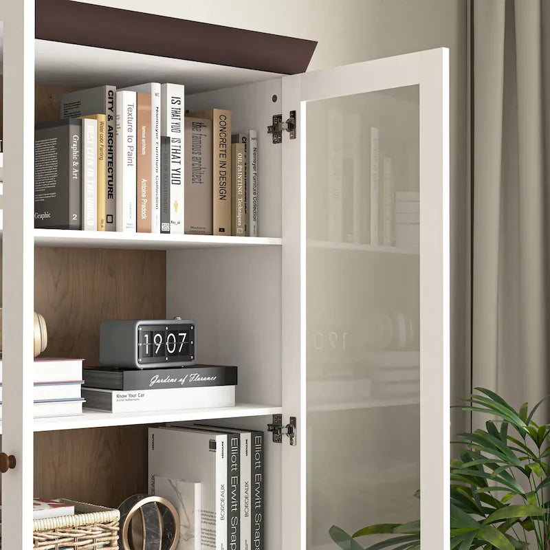 White MDF Display Storage Cabinet,Tall Kitchen Pantry Cabinets with Glass Doors and Adjustable Shelves