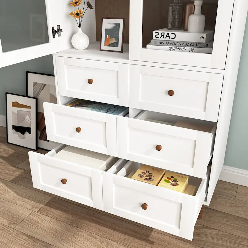 White MDF Display Storage Cabinet,Tall Kitchen Pantry Cabinets with Glass Doors and Adjustable Shelves
