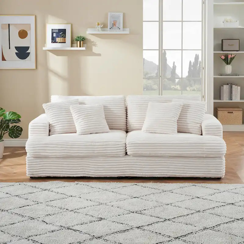 White 79.3  Corduroy 3-Seater Sofa with 4 Toss Pillows, Spring Cushion