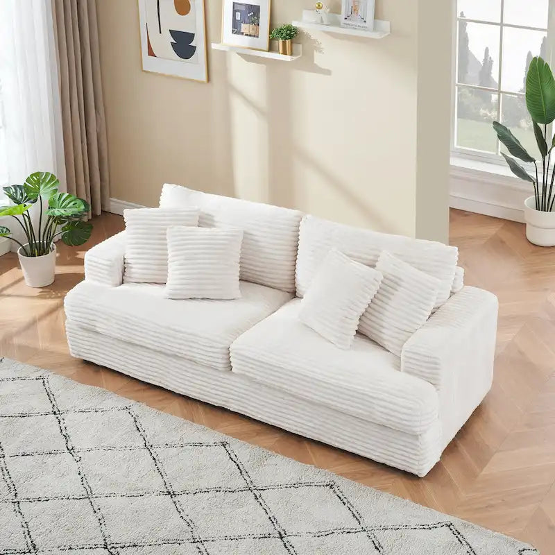 White 79.3  Corduroy 3-Seater Sofa with 4 Toss Pillows, Spring Cushion