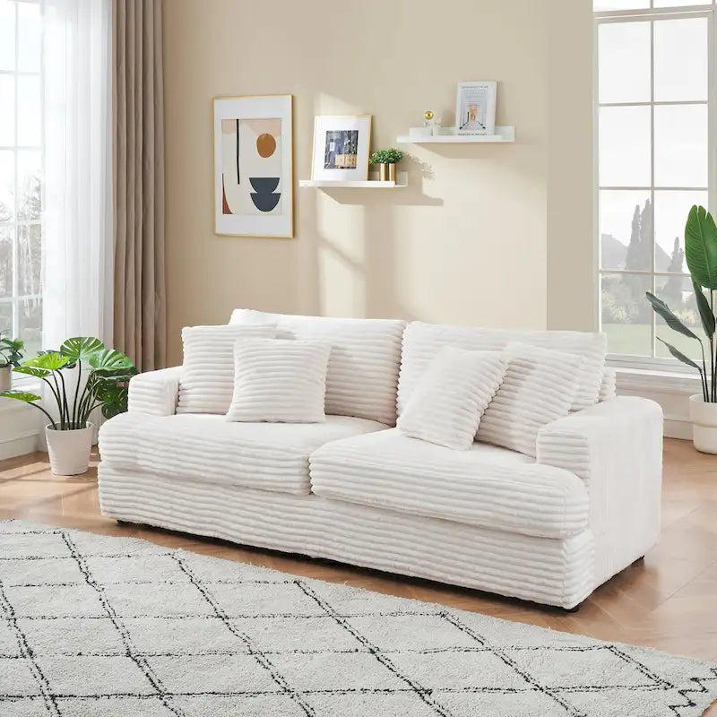 White 79.3  Corduroy 3-Seater Sofa with 4 Toss Pillows, Spring Cushion