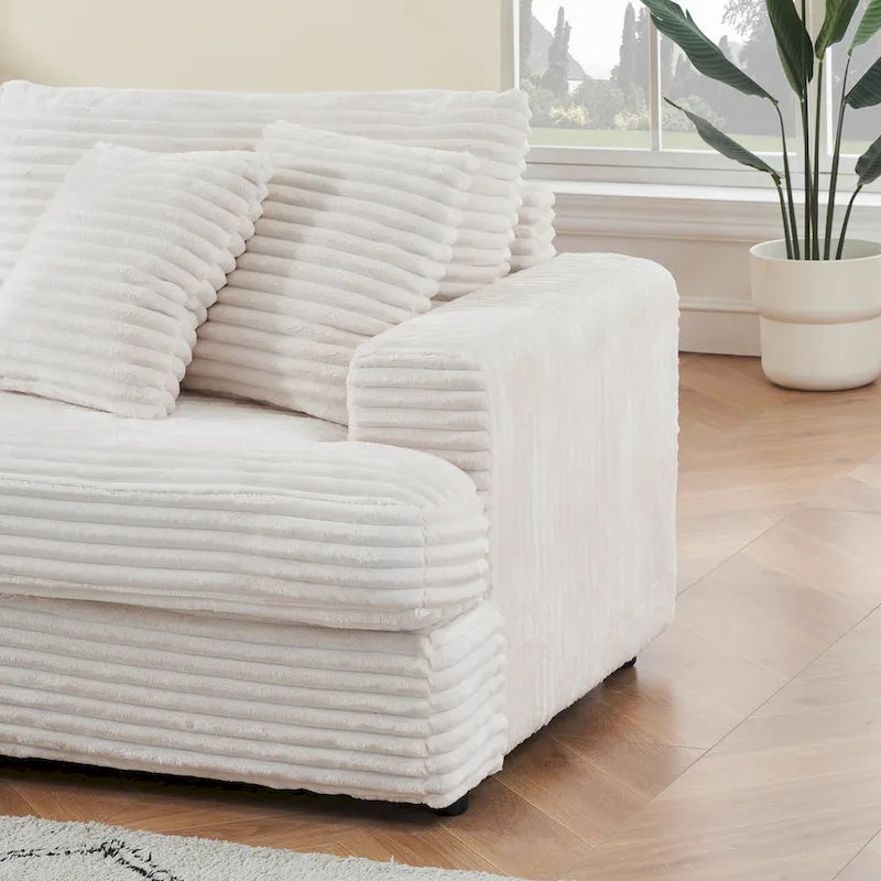 White 79.3  Corduroy 3-Seater Sofa with 4 Toss Pillows, Spring Cushion